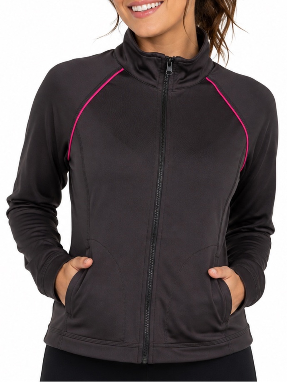 Danskin Now Womens XL 16-18 Black Full Zip Athletic Jacket Pink Trim Activewear